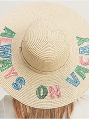 Embroidered Straw Sun Hat "Always On Vacation" - Natural with Pastel Letters